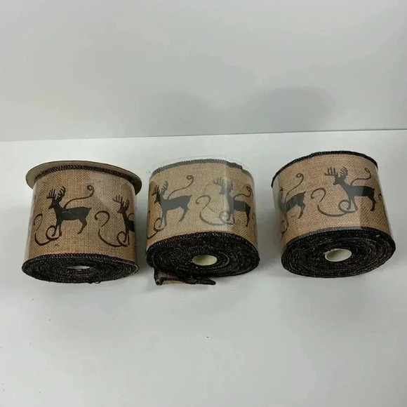 Christmas 4” burlap black reindeer motif 3 rolls 10 YRD each NewWIRED